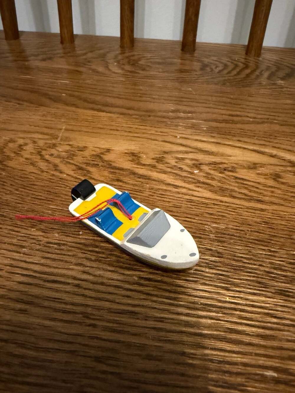 Vintage Wooden Speedboat Christmas Ornament Blue Yellow